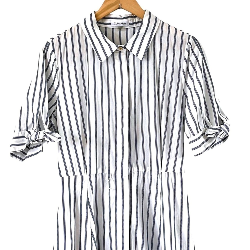 Calvin Klein Shirt Dress Women 8 Blue White Excellent Striped Midi Cotton Belted - Picture 12 of 16